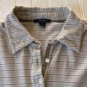 4/$25 Sale! Nautica Women's Polo Shirt Size XL White Olive Green Striped Stretch